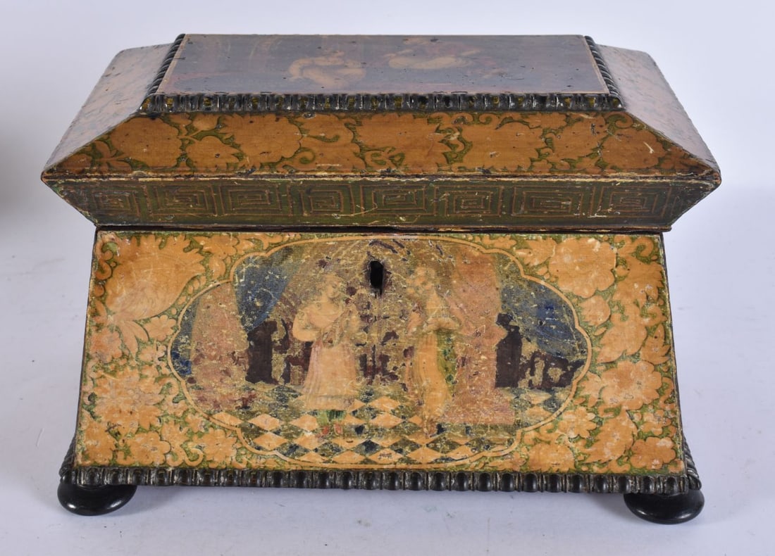 A 19TH CENTURY ENGLISH WITH PERSIAN DESIGN LACQUER WORK TEA CADDY of sarcophagus form with a sloping (1 of 7)