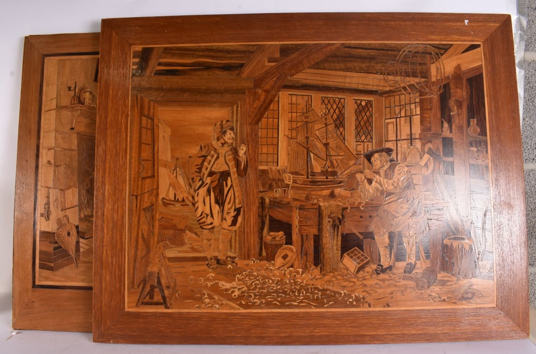 TWO 19TH CENTURY MARQUETRY INLAID PANELS depicting interior scenes of a model builder and huntsmen b: TWO 19TH CENTURY MARQUETRY INLAID PANELS depicting interior scenes of a model builder and huntsmen by a fire. 80 cm x 60 cm x 70 cm.