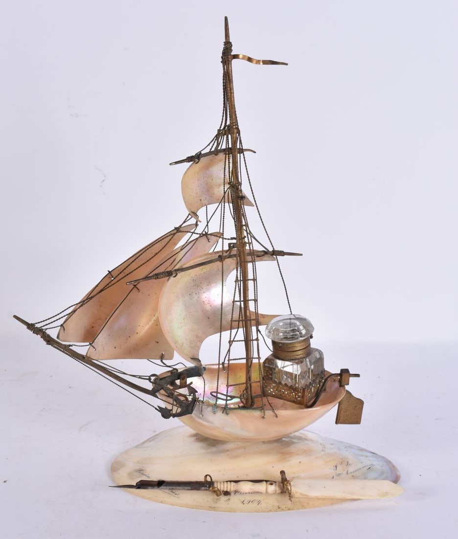 AN UNUSUAL ANTIQUE FRENCH PALAIS ROYALE MOTHER OF PEARL DESK STAND formed as a boat. 32 cm x 18 cm. (1 of 5)