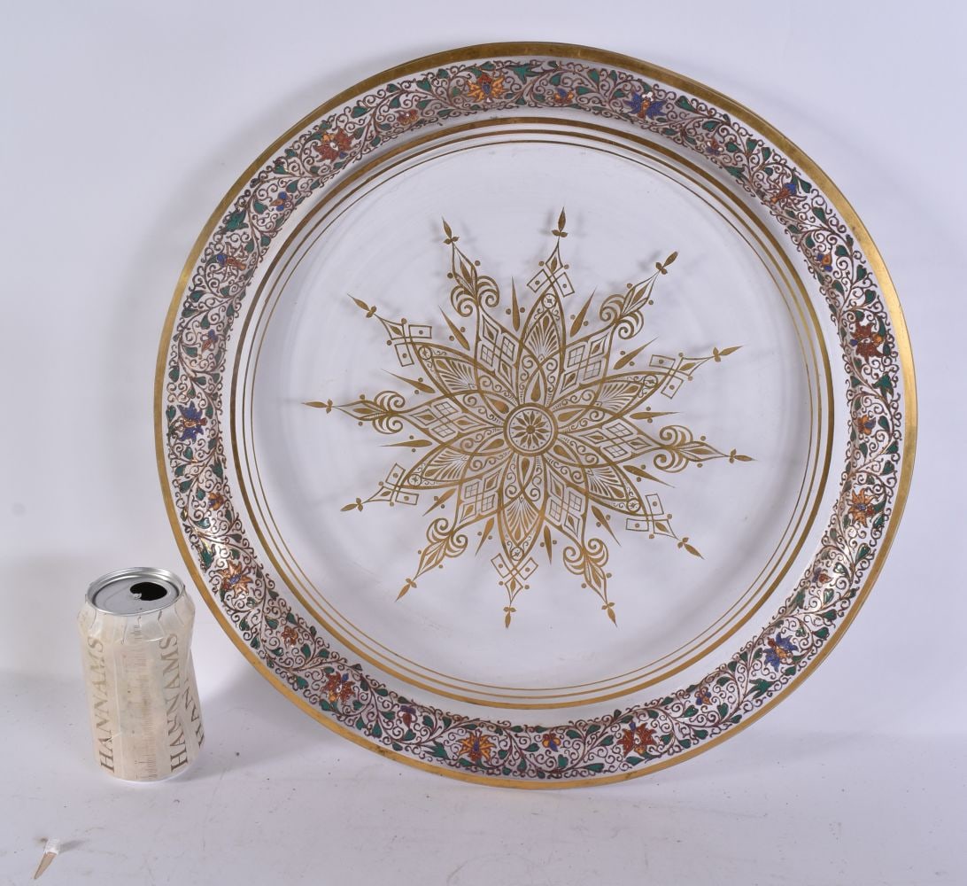 A LARGE ANTIQUE ISLAMIC MARKET ENAMELLED GLASS TRAY possibly Moser. 40 cm wide. (1 of 5)
