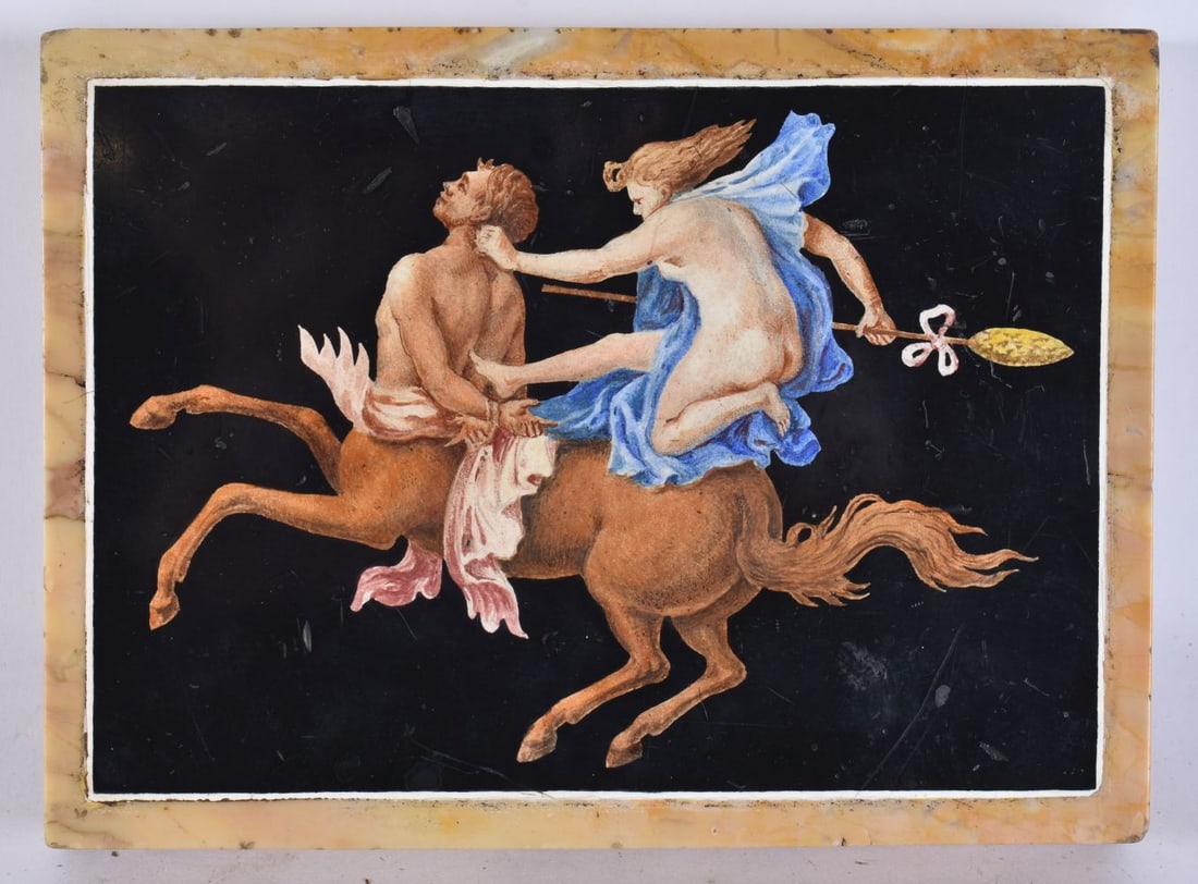 A GRAND TOUR PAINTED MARBLE PLAQUE AFTER A POMPEIAN FRESCO depicting a bacchante with blue drapery b (1 of 3)