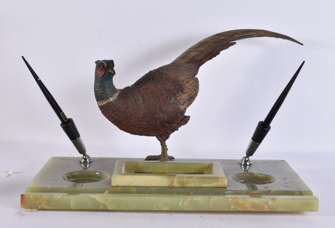 AN EARLY 20TH CENTURY COLD PAINTED METAL PHEASANT ON ONYX DESK TIDY the naturalistically modelled co (1 of 4)