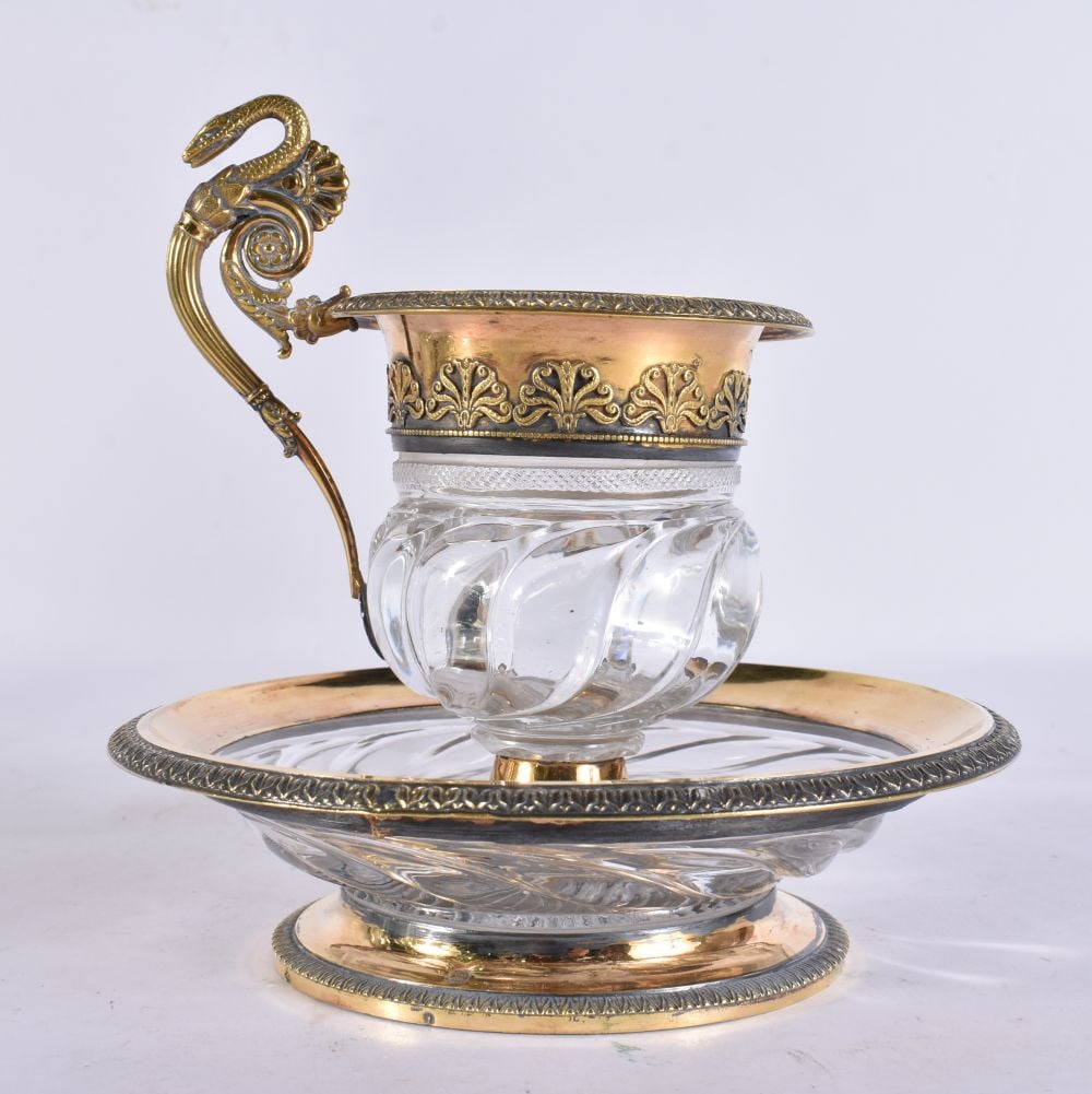 TWO CONTINENTAL SILVER GILT MOUNTED CUT GLASS JUG AND DISH the jug of baluster form with lobed body, (1 of 4)