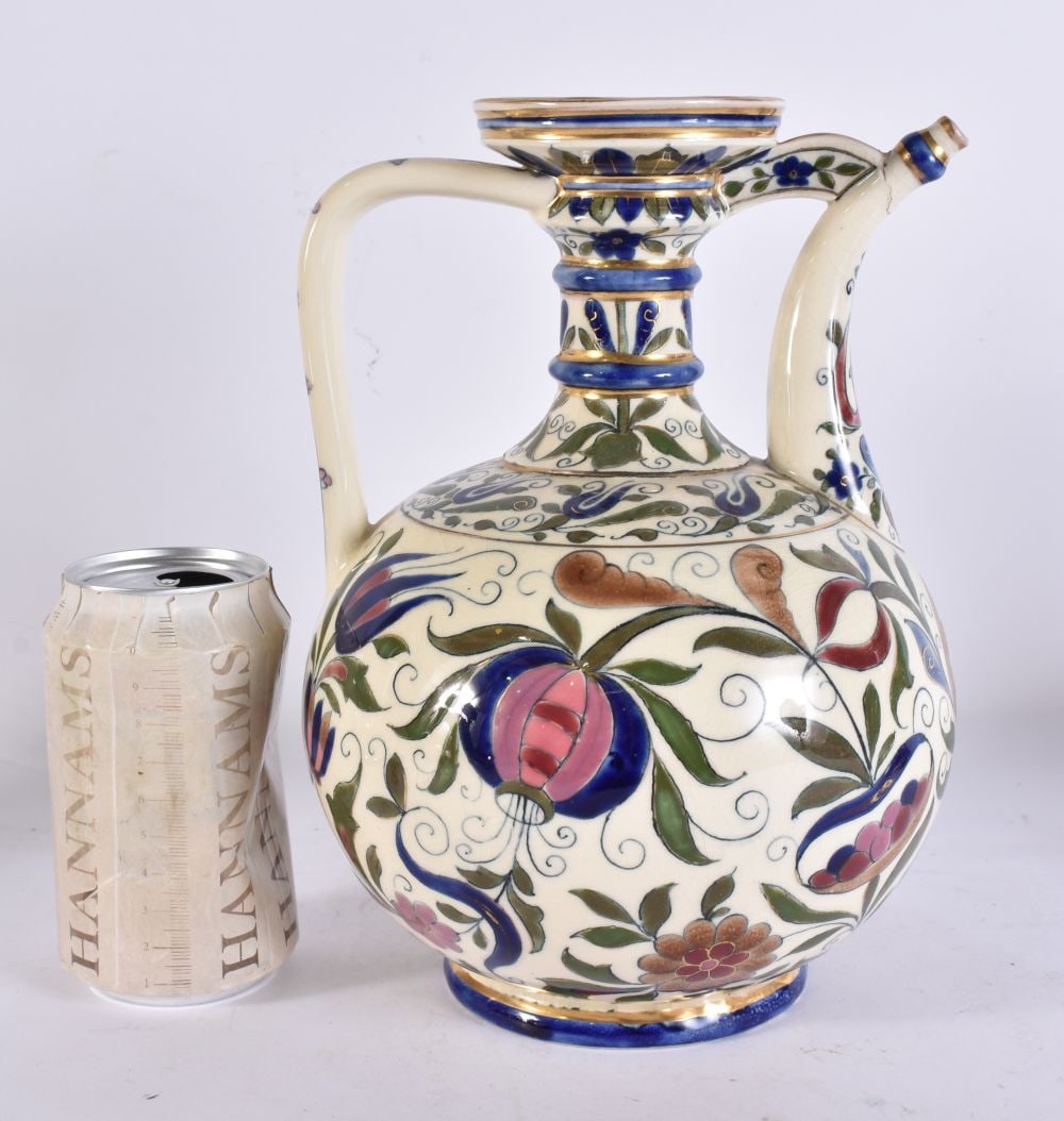 A LARGE HUNGARIAN ZSOLNAY PECS EWER painted with flowers. 25 cm x 13 cm. (1 of 5)