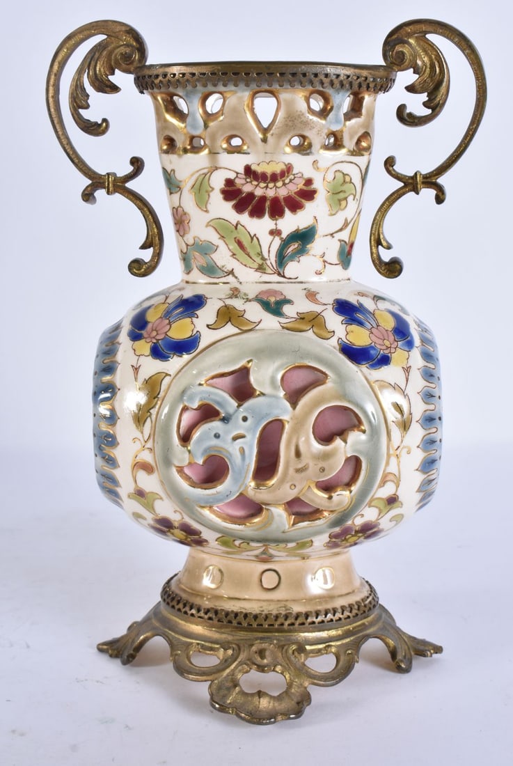 A HUNGARIAN TWIN HANDLED BRASS MOUNTED RETICULATED VASE. 20 cm high. (1 of 5)