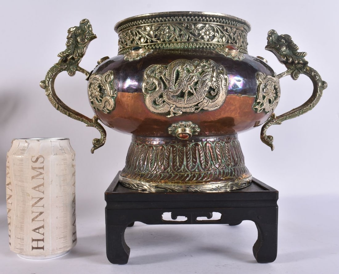 A 19TH CENTURY TIBETAN TWIN HANDLED MIXED METAL HARDSTONE INSET BOWL. Bowl 27 cm x 17 cm. (1 of 6)