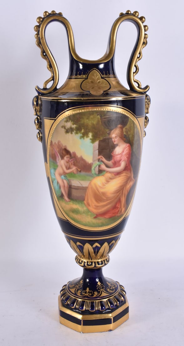 AN AUSTRIAN VIENNA STYLE TWIN HANDLED VASE. 33 cm high. (1 of 5)