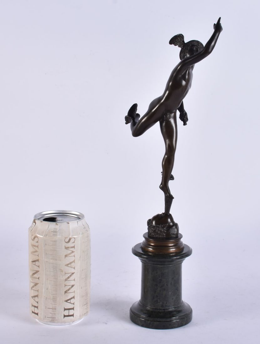 A 19TH CENTURY EUROPEAN GRAND TOUR BRONZE FIGURE OF MERCURY modelled upon a marble base. 33 cm high.: A 19TH CENTURY EUROPEAN GRAND TOUR BRONZE FIGURE OF MERCURY modelled upon a marble base. 33 cm high.