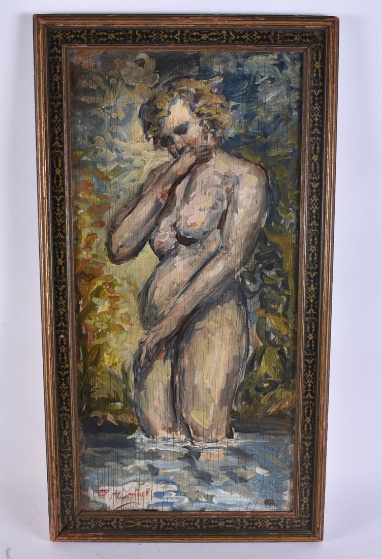 European School (Early 20th Century) Oil on card, Female bathing by the river. 60 cm x 32 cm, image: European School (Early 20th Century) Oil on card, Female bathing by the river. 60 cm x 32 cm, image 52 cm x 24 cm.
