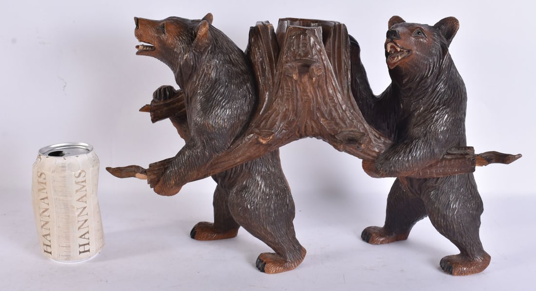 A LARGE 19TH CENTURY BAVARIAN BLACK FOREST DECANTER HOLDER modelled as two roaming bears. 38 cm x 26 (1 of 7)