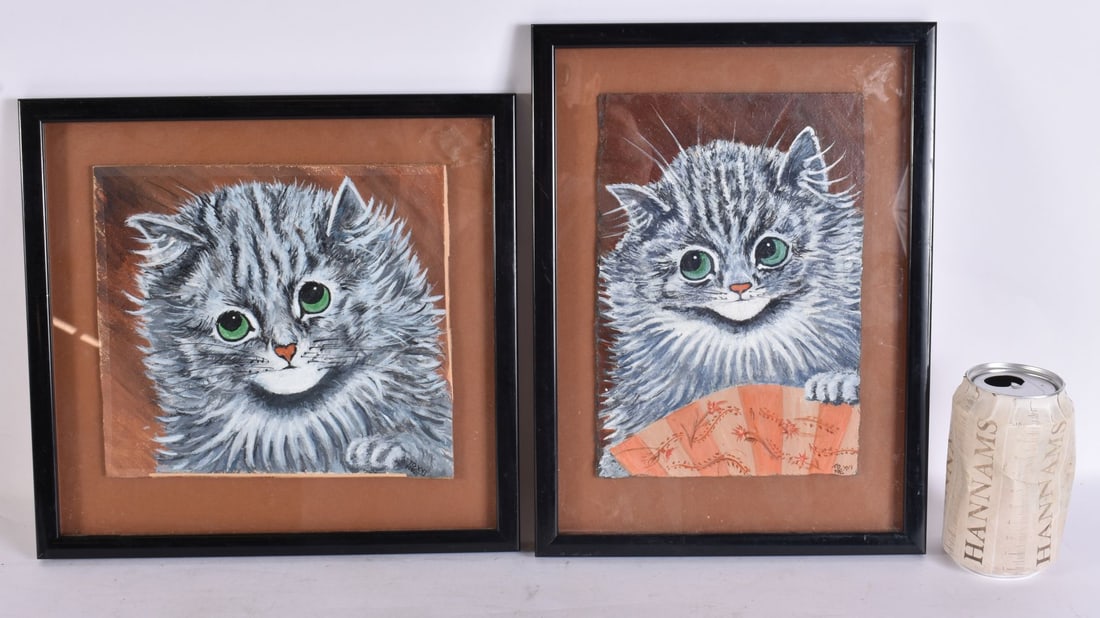 Manner of Louis Wain (1860-1939) 2 x Oil on board, Humorous cat studies. Largest 32 cm x 20 cm, larg (1 of 5)