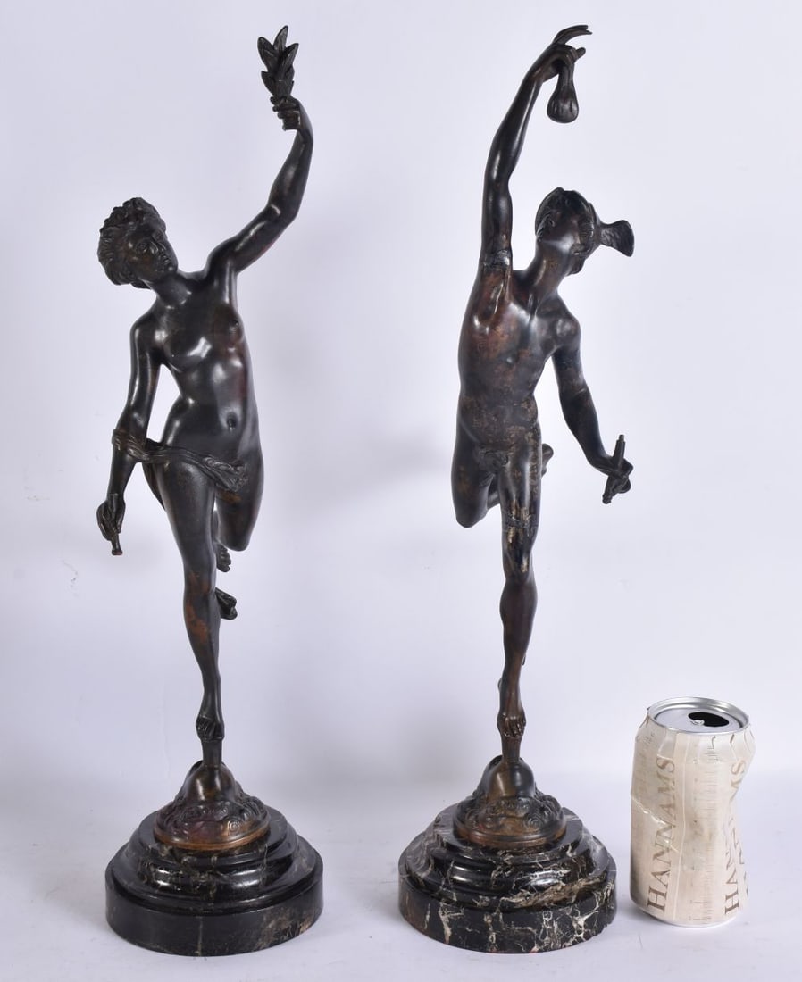 A LARGE PAIR OF 19TH CENTURY GRAND TOUR BRONZE FIGURES modelled upon marble bases. 47 cm high. (1 of 11)