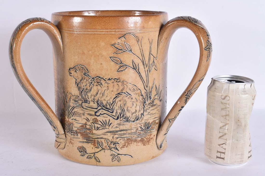 A 19TH CENTURY DOULTON LAMBETH STONEWARE TYG Attributed to the Barlow sisters. 20 cm x 22 cm. (1 of 6)