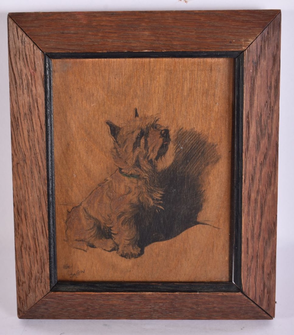 AN ANTIQUE CECIL ALDIN TERRIER DOG ILLUSTRATION ON WOOD. 17 cm x 12 cm. (1 of 6)