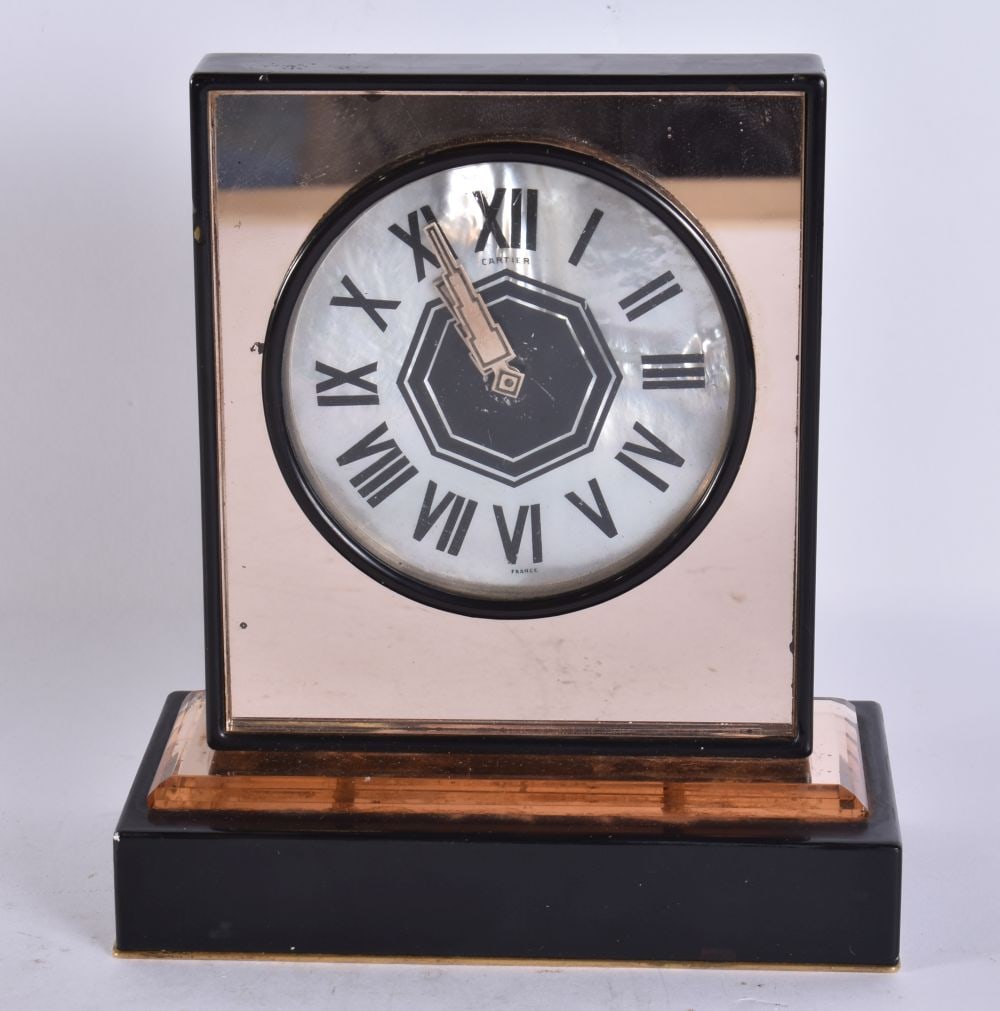 A FINE FRENCH ART DECO CARTIER LIGNE S MANTEL CLOCK with rose mirrored glass and mother of pearl dia (1 of 7)