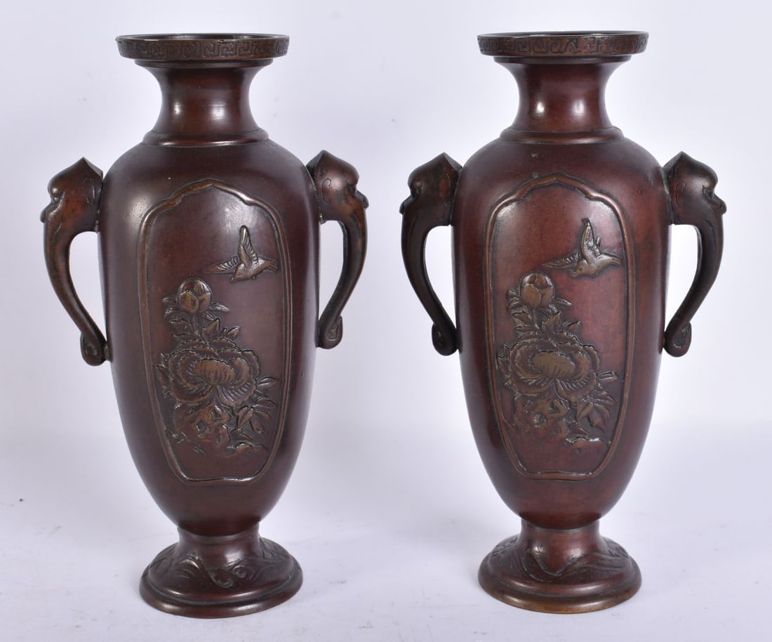 A PAIR OF 19TH CENTURY JAPANESE MEIJI PERIOD BRONZE VASES. 18 cm high.: A PAIR OF 19TH CENTURY JAPANESE MEIJI PERIOD BRONZE VASES. 18 cm high.