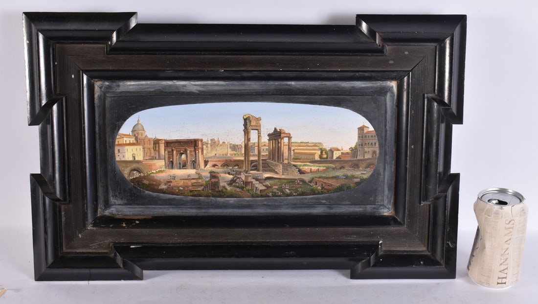 A FINE AND LARGE EARLY 19TH CENTURY GRAND TOUR MICRO MOSAIC PLAQUE depicting ruins, contained within: A FINE AND LARGE EARLY 19TH CENTURY GRAND TOUR MICRO MOSAIC PLAQUE depicting ruins, contained within a period ebonised frame. 52 cm x 32 cm, plaque 38 cm x 18 cm.