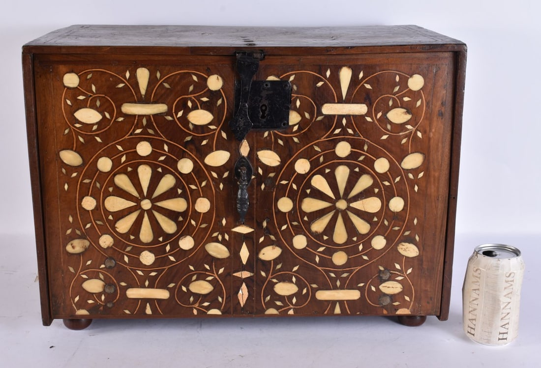 AN EARLY 18TH CENTURY OTTOMAN BONE INLAID WOOD TABLE CABINET with fall front revealing doors. 48 cm: AN EARLY 18TH CENTURY OTTOMAN BONE INLAID WOOD TABLE CABINET with fall front revealing doors. 48 cm x 28 cm x 34 cm.
