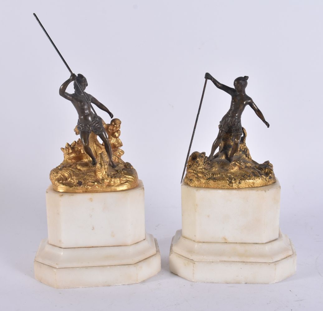 A PAIR OF 19TH CENTURY FRENCH BRONZE AND GILT BRONZE TRIBAL FIGURES. 17 cm high not including weapon (1 of 6)