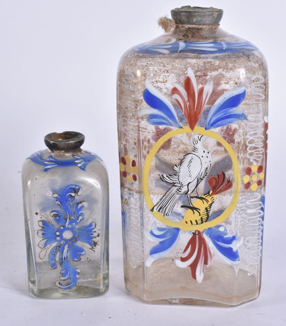 TWO EARLY EUROPEAN ENAMELLED GLASS FLASKS. Largest 14.5 cm high. (2) (1 of 6)