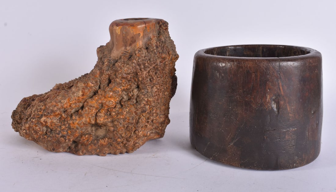 A JAPANESE ROOTWOOD NATURALISTIC STAND together with a carved wood planter. Largest 16 cm x 14 cm. ( (1 of 5)