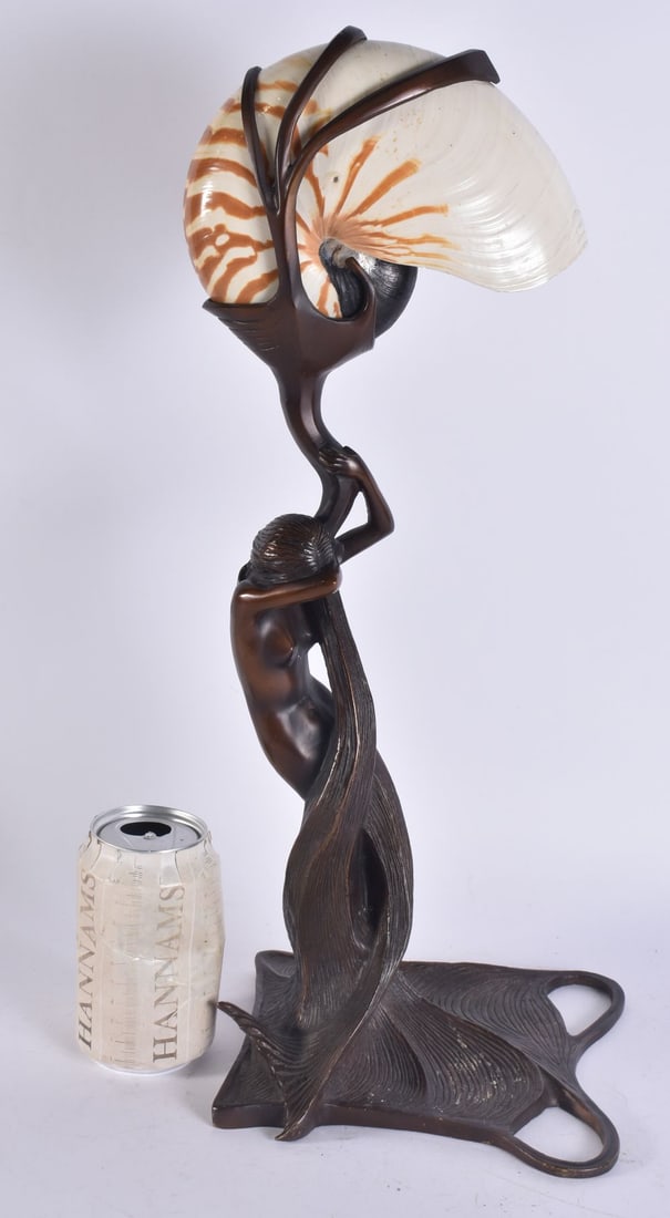 A LARGE EUROPEAN BRONZE CONCH SHELL MAIDEN LAMP. 45 cm high. (1 of 6)