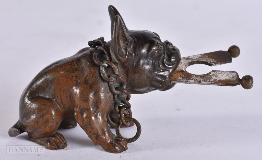 A RARE 19TH CENTURY EUROPEAN BRONZE FRENCH BULLDOG CIGAR CUTTER. 8 cm x 5 cm when extended. (1 of 5)