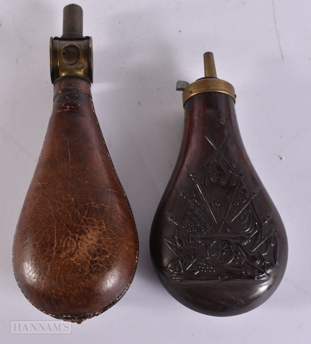 TWO ANTIQUE POWDER FLASKS. 20 cm long. (2) (1 of 4)