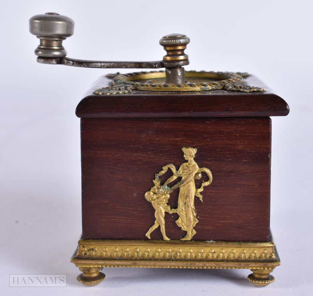 A VERY RARE 19TH CENTURY FRENCH BRONZE MOUNTED PEPPER GRINDER modelled as a miniature coffee grinder (1 of 5)