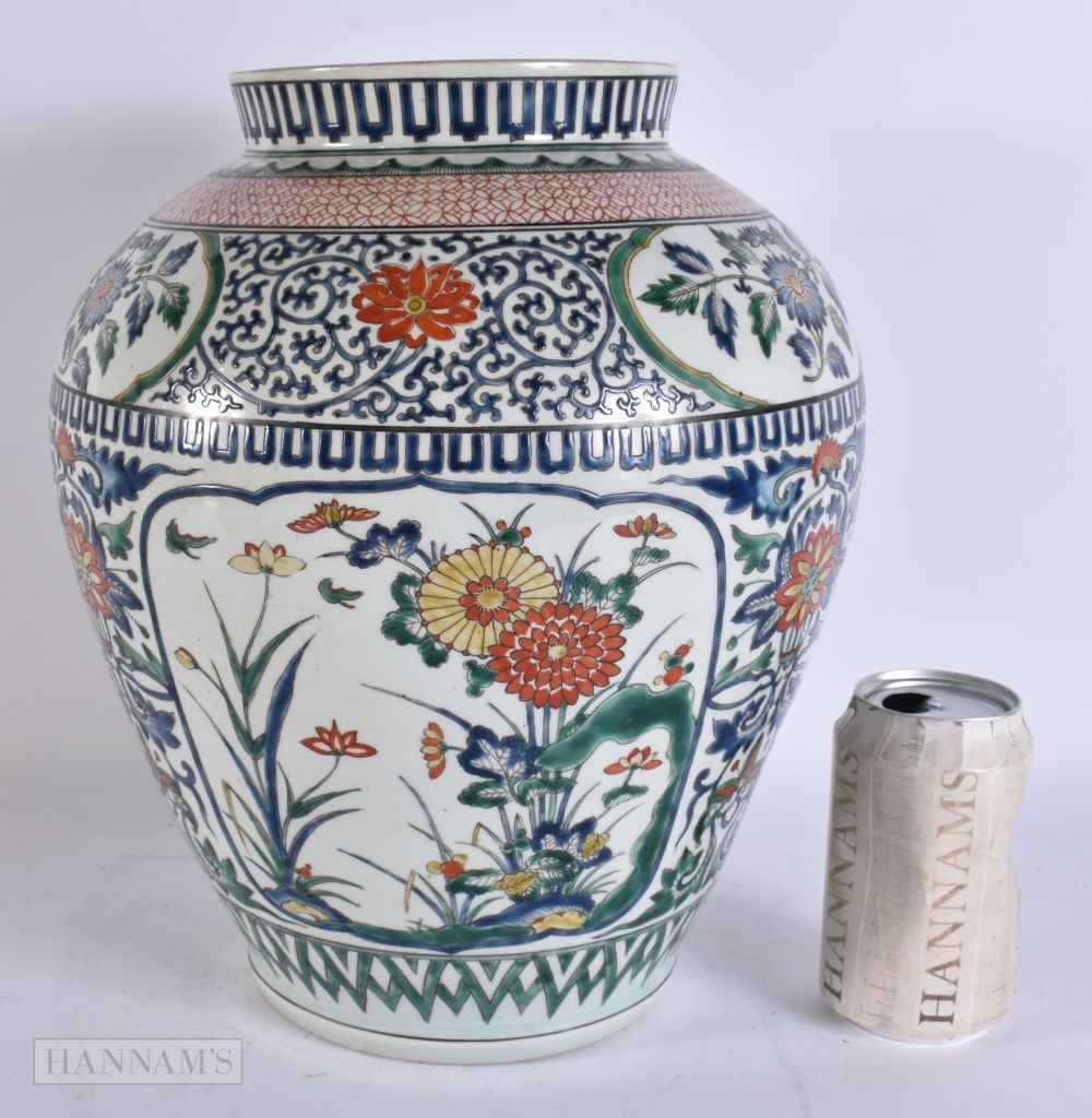 A LARGE 19TH CENTURY JAPANESE MEIJI PERIOD AO KUTANI PORCELAIN JAR painted with flowers. 32 cm x 22 (1 of 6)
