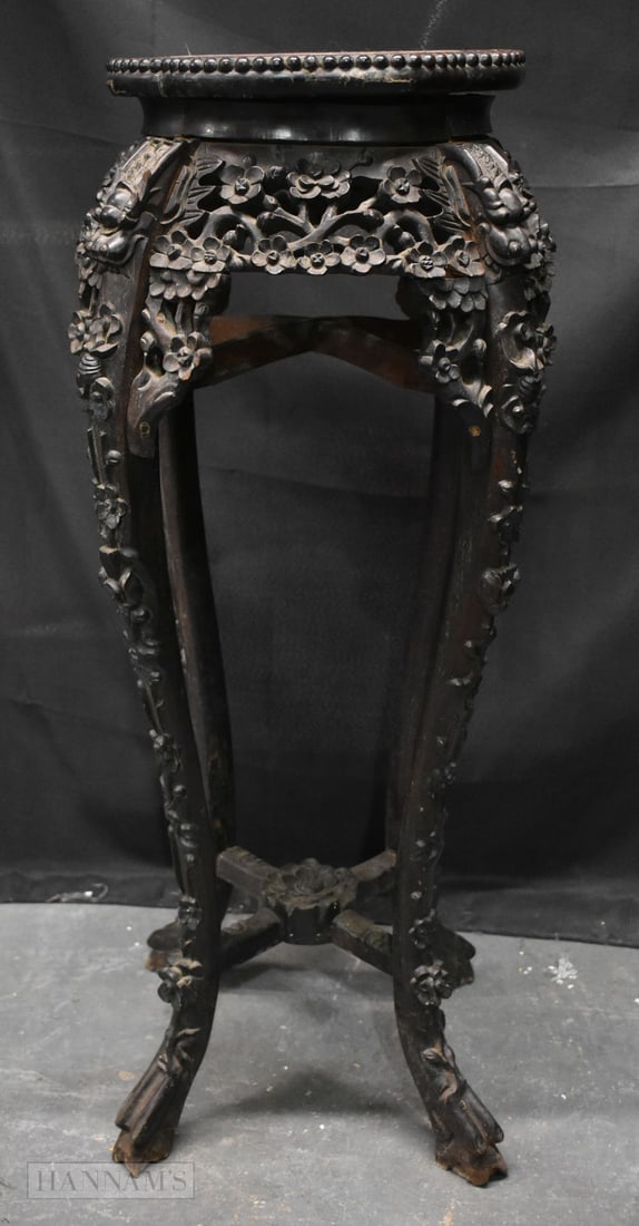 A 19TH CENTURY CHINESE CARVED HARDWOOD MARBLE INSET STAND. 92 cm x 28 cm. (1 of 8)