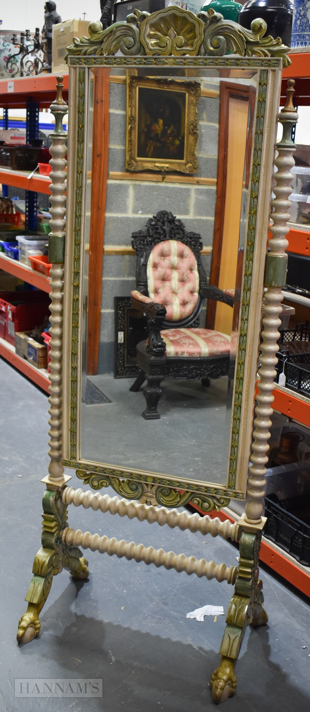 A LARGE CONTINENTAL PAINTED WOOD CHEVAL MIRROR. 188 cm x 72 cm. (1 of 5)