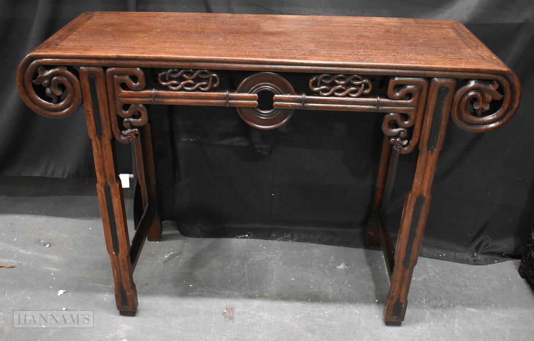 A CHINESE QING DYNASTY SCROLLING HARDWOOD ALTAR TABLE. 114 cm x 40 cm x 80 cm. (1 of 7)