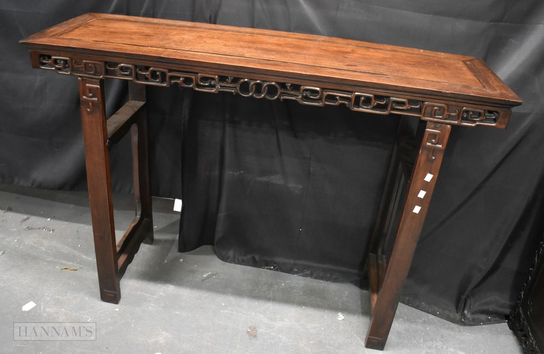 A LARGE CHINESE QING DYNASTY CARVED HARDWOOD ALTAR TABLE. 138 cm x 45 cm x 100 cm. (1 of 7)