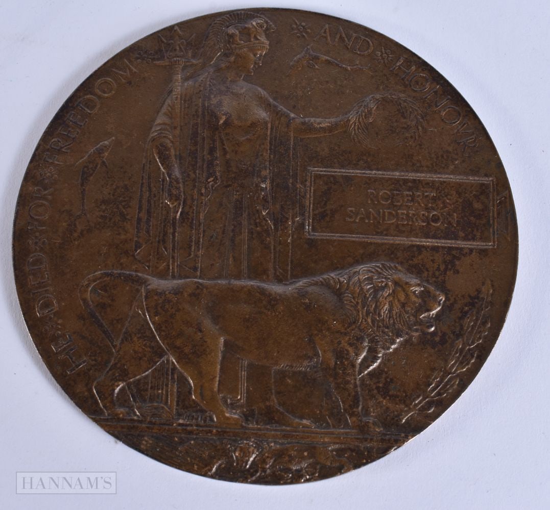 A MILITARY BRONZE DEATH PLAQUE Robert Sanderson. 12 cm wide. (1 of 5)