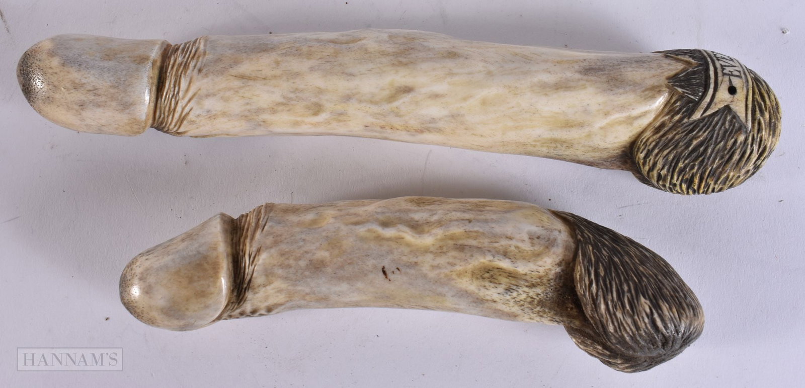 TWO RARE 19TH CENTURY EUROPEAN CARVED STAG ANTLER EROTIC PHALLUS. Largest 23 cm wide. (2) (1 of 6)
