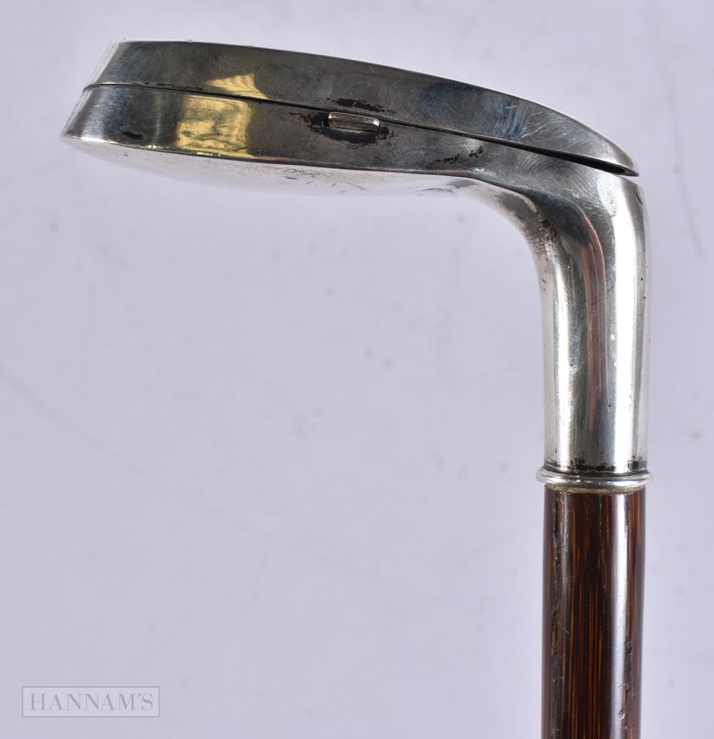 A RARE ART DECO SILVER SNUFF BOX GOLF CLUB WALKING CANE. 92 cm long.: A RARE ART DECO SILVER SNUFF BOX GOLF CLUB WALKING CANE. 92 cm long.