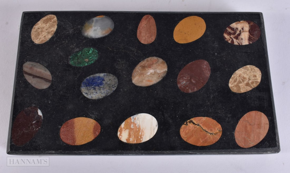 A MARBLE MIXED HARDSTONE LAPIS LAZULI MALACHITE EGG DESK SLAB. 20 cm x 12 cm. (1 of 5)