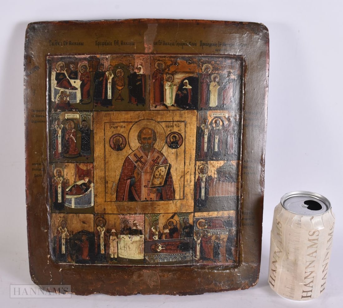 AN ANTIQUE RUSSIAN PAINTED WOOD ICON. 30 cm x 27 cm. (1 of 8)