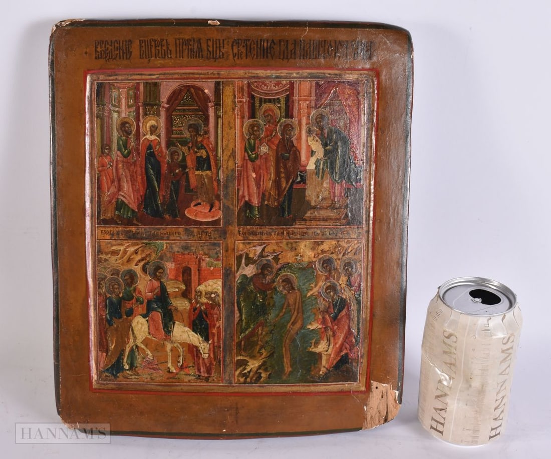 AN ANTIQUE RUSSIAN PAINTED WOOD ICON. 30 cm x 24 cm.: AN ANTIQUE RUSSIAN PAINTED WOOD ICON. 30 cm x 24 cm.