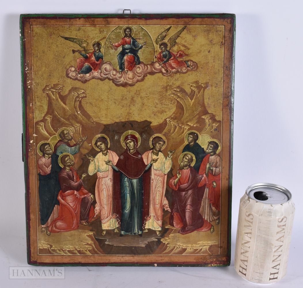 AN ANTIQUE RUSSIAN PAINTED WOOD ICON. 32 cm x 26 cm. (1 of 5)