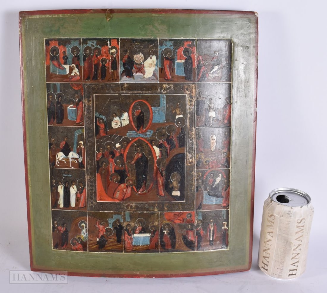 AN ANTIQUE RUSSIAN PAINTED WOOD ICON. 36 cm x 28 cm. (1 of 7)