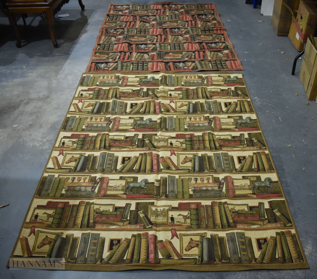 AN UNUSUAL PAIR OF COUNTRY HOUSE EMBROIDERED LIBRARY BOOK PANELS. 188 cm x 135 cm. (1 of 11)