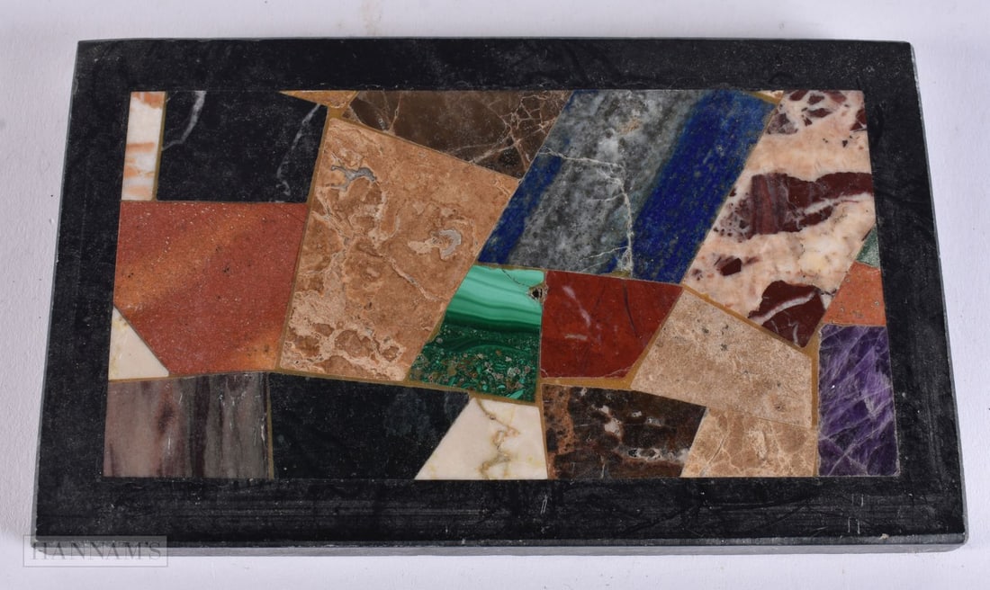 A MIXED HARDSTONE MALACHITE LAPIS LAZULI MARBLE DESK PAPER WEIGHT. 16 cm x 10 cm. (1 of 5)