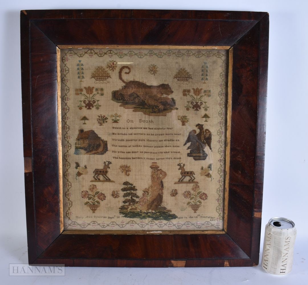 A MID 19TH CENTURY ENGLISH FRAMED AND EMBROIDERED SAMPLER C1839. 54 cm x 50 cm, image 38 cm x 34 cm. (1 of 7)