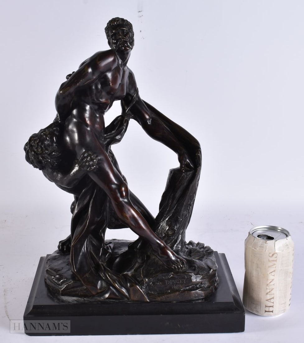 After Pierre Puget (1620-1694) Early 18th Century, Bronze, Milo of Crotona devoured by a lion. Bronz: After Pierre Puget (1620-1694) Early 18th Century, Bronze, Milo of Crotona devoured by a lion. Bronze 36 cm x 24 cm. Note: Puget's marble version (9-feet-high, now in the Louvre, Paris), completed in 