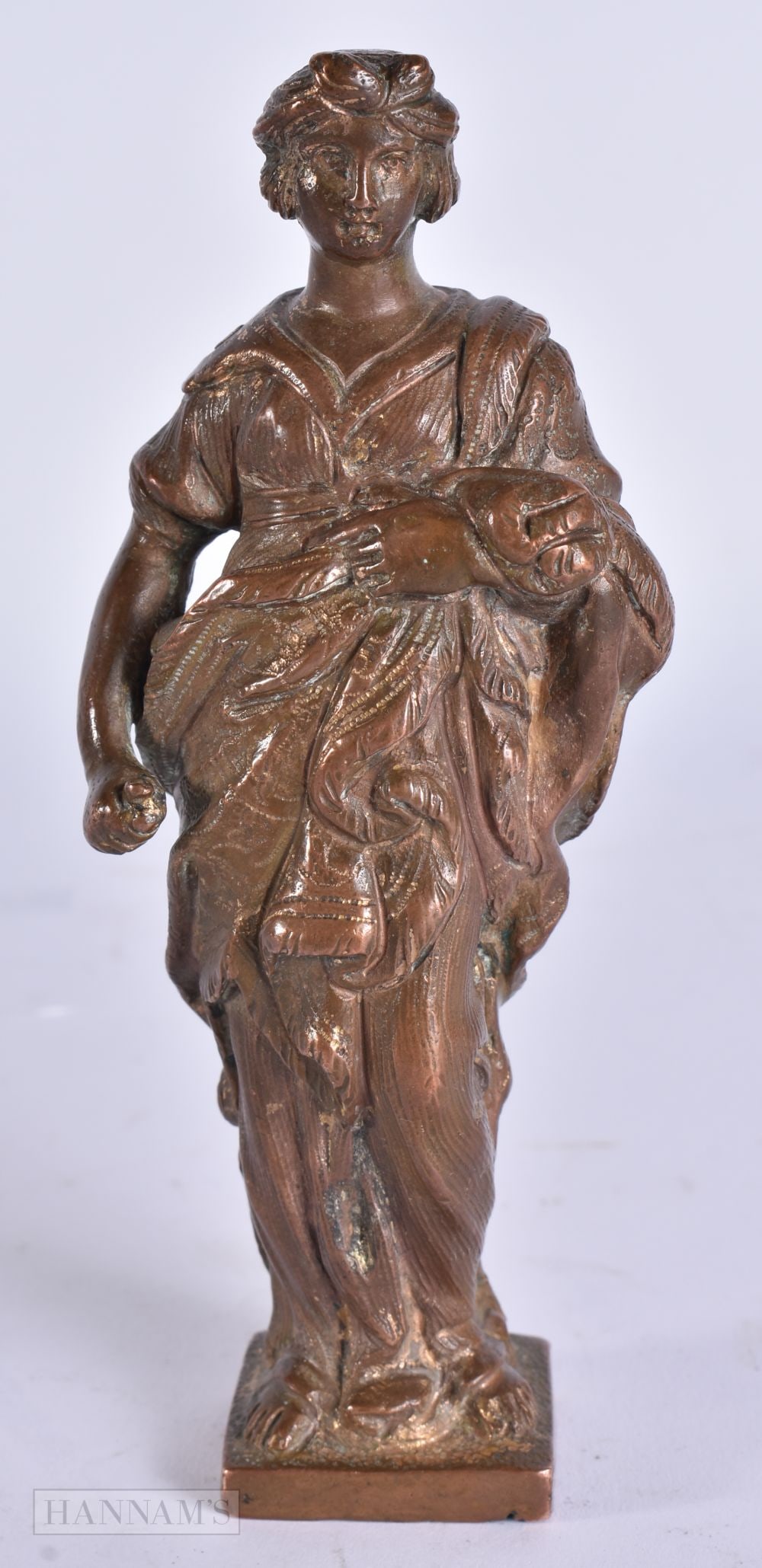 A 17TH/18TH CENTURY BRONZE FIGURE OF A FEMALE modelled in classical robes. 14 cm high. (1 of 13)