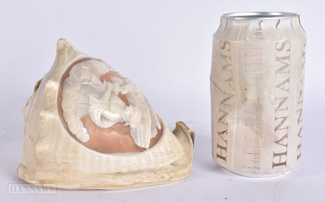 A 19TH CENTURY ITALIAN GRAND TOUR CARVED CAMEO CONCH SHELL depicting a female with bird. 12 cm x 10 (1 of 8)