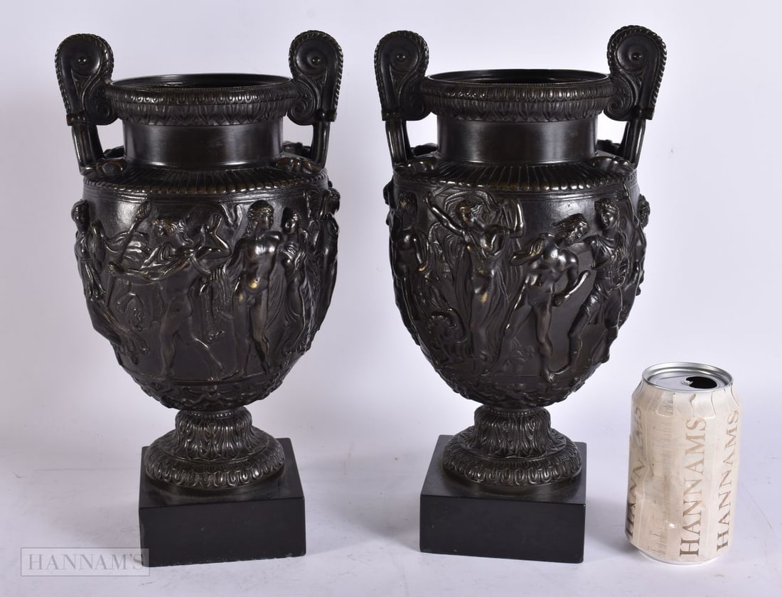 A LARGE PAIR OF 19TH CENTURY EUROPEAN GRAND TOUR BRONZE VASES After the antiquity. 32 cm x 15 cm.: A LARGE PAIR OF 19TH CENTURY EUROPEAN GRAND TOUR BRONZE VASES After the antiquity. 32 cm x 15 cm.