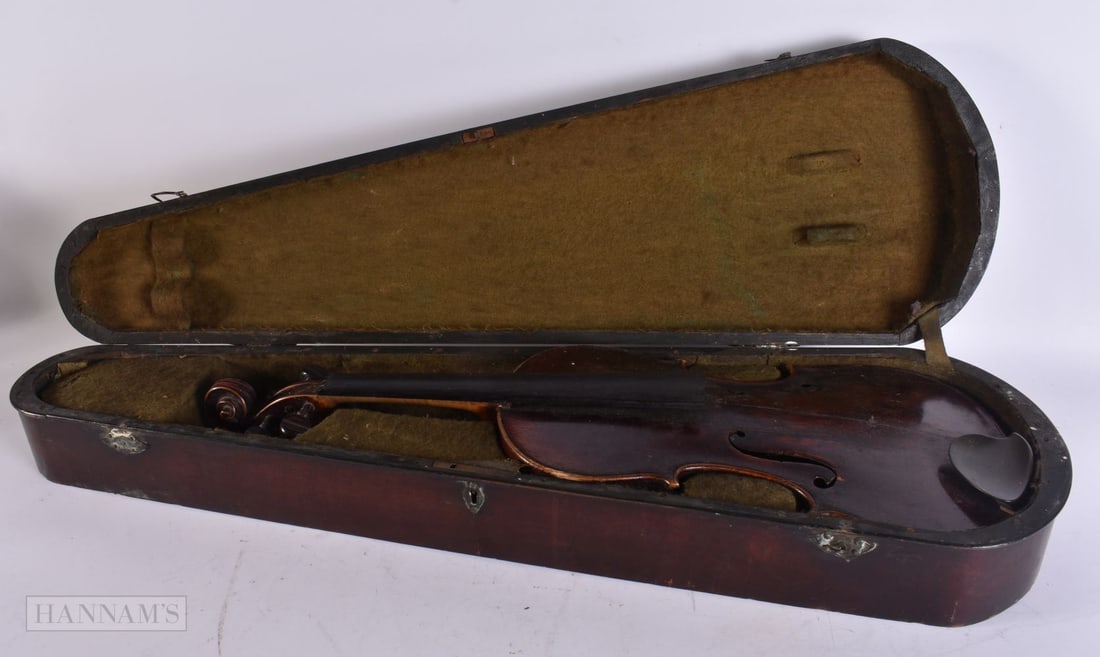 A VIOLIN in case. 58.5 cm long, length of back excluding hump 35.5 cm. (1 of 6)